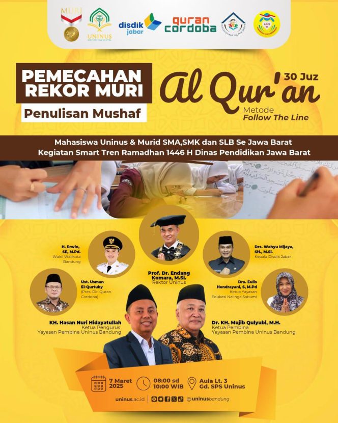
					Kolaborasi UNINUS, Yayasan Nalingga Sabumi dan Quran Cordoba dalam Pemecahan Rekor MURI Penulisan Mushaf Al-Qur’an 30 Juz