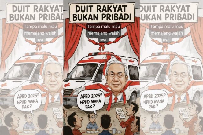 Ilustrasi Ambulans Ditempel Wajah Pejabat.