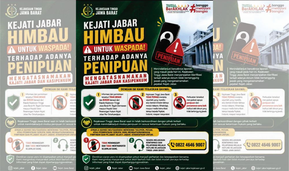 Tampilan flyer terkait himbauan dari Kejati ajabar untuk mewaspadai adanya penipuan yang mengatasnamakan Kejati Jabar dan Kasipenkum.